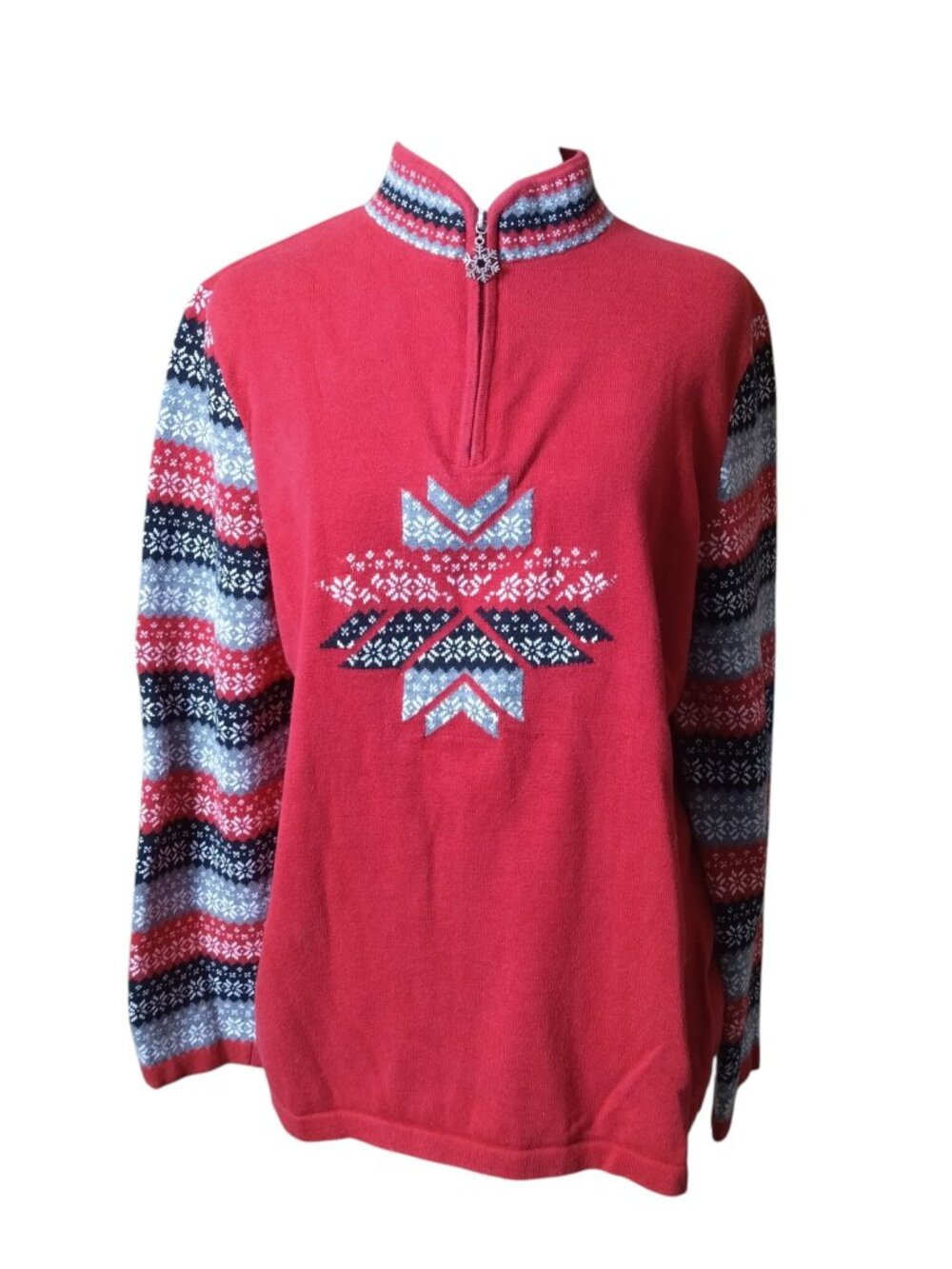 Breckenridge Size Large Women's Snowflake Print 1/4 Zip Red Pullover Sweater